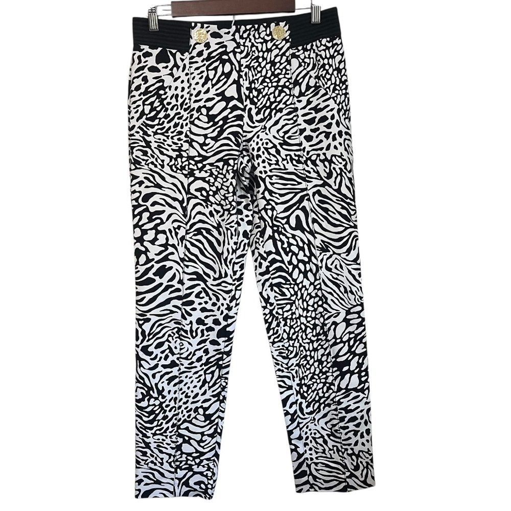 Anne Klein Black & Cream Animal Print Stretch Pants Elastic Waist Pockets Size S